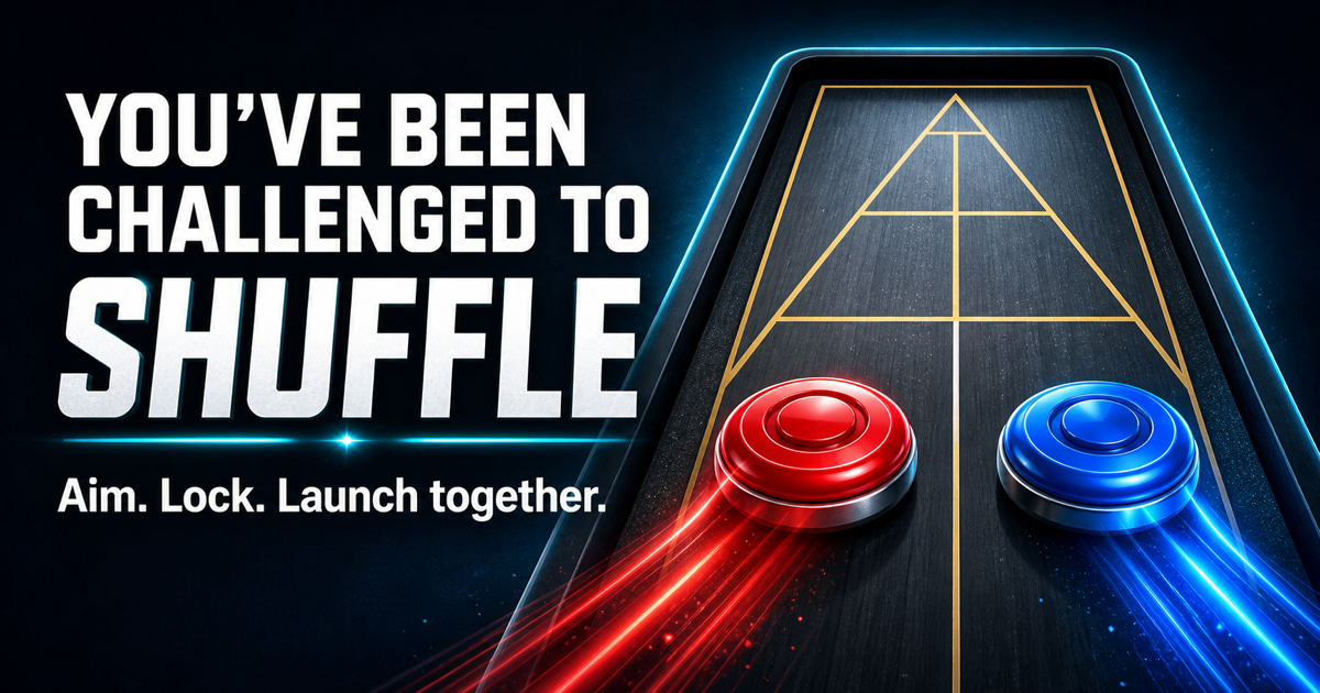 Red and blue pucks on a neon shuffleboard court